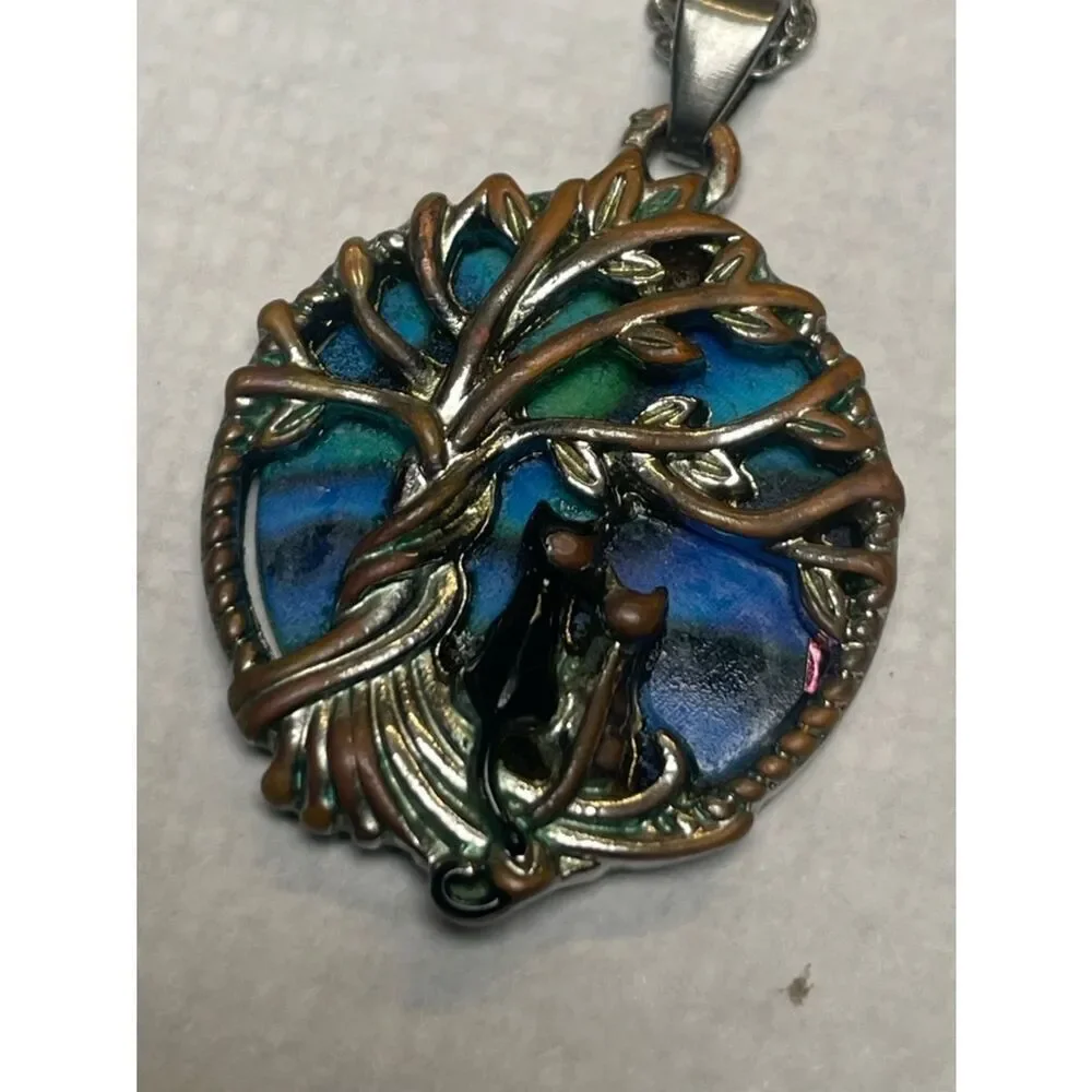 Tree of Life Silver Necklace with Blue-Green Enamel Pendant